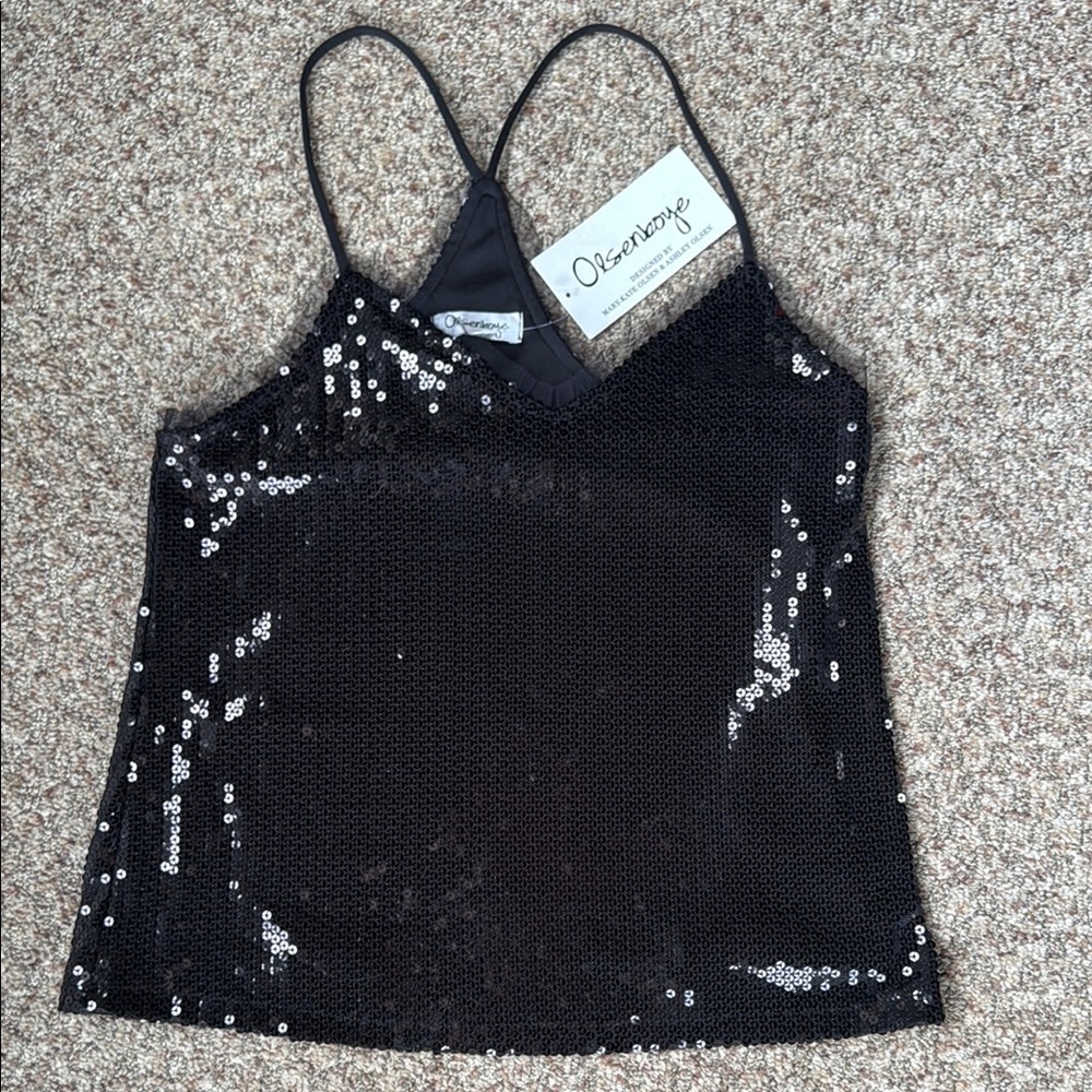 Olsenboye Black Sequin Camisole with Spaghetti Straps